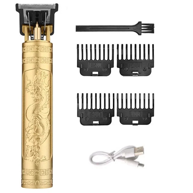 Máquina de Cortar Cabelo Vintage com Estampa de Dragão, Recarregável USB, Aparador de Cabelo T-Blade Profissional para Homens com 4 Pentes Guia