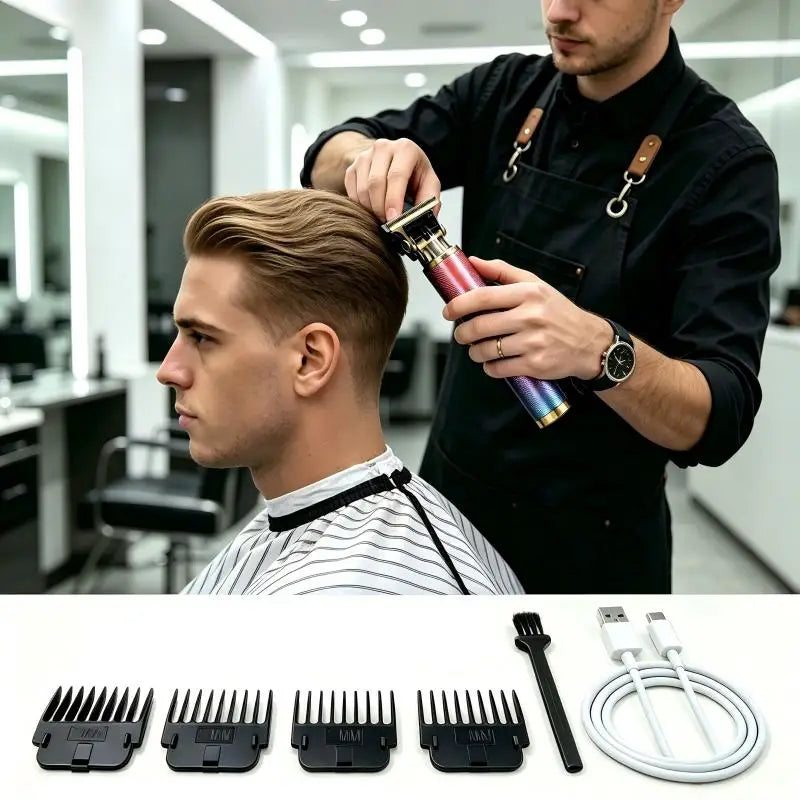 Máquina de Cortar Cabelo Vintage com Estampa de Dragão, Recarregável USB, Aparador de Cabelo T-Blade Profissional para Homens com 4 Pentes Guia