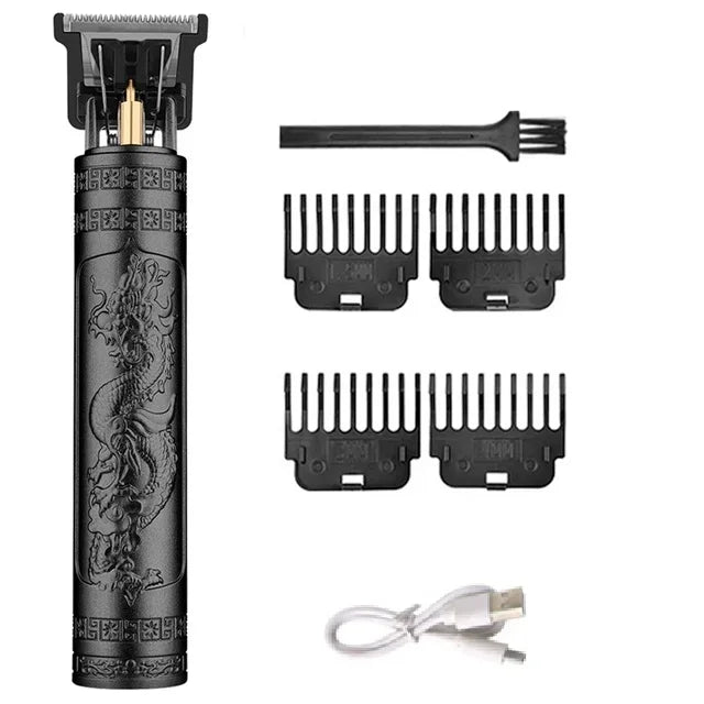 Máquina de Cortar Cabelo Vintage com Estampa de Dragão, Recarregável USB, Aparador de Cabelo T-Blade Profissional para Homens com 4 Pentes Guia